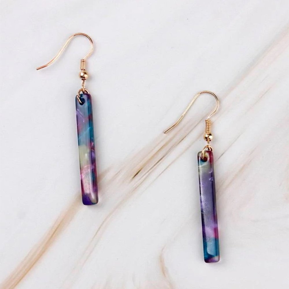 Purple Vertical Bar Tortoise Shell Marble Dangle Earrings